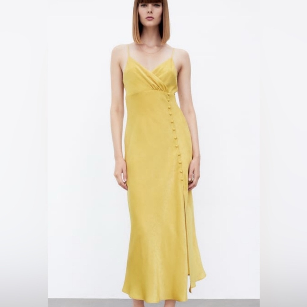 Zara Buttoned Silky Slip Dress Mustard Size Medium EUC